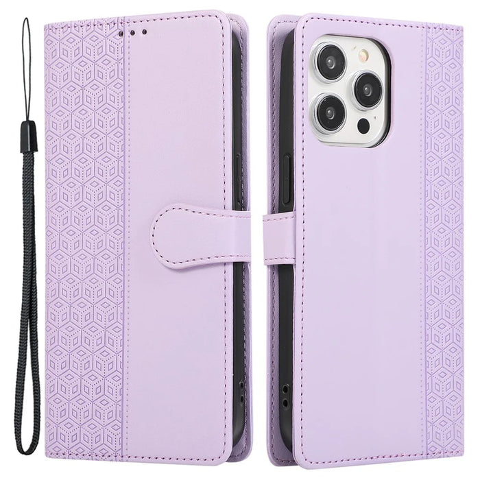 R20 for iPhone 13 Pro Max Leather Case Splicing Imprinted Rhombus Phone Wallet Anti-scratch Cover - Purple - 1