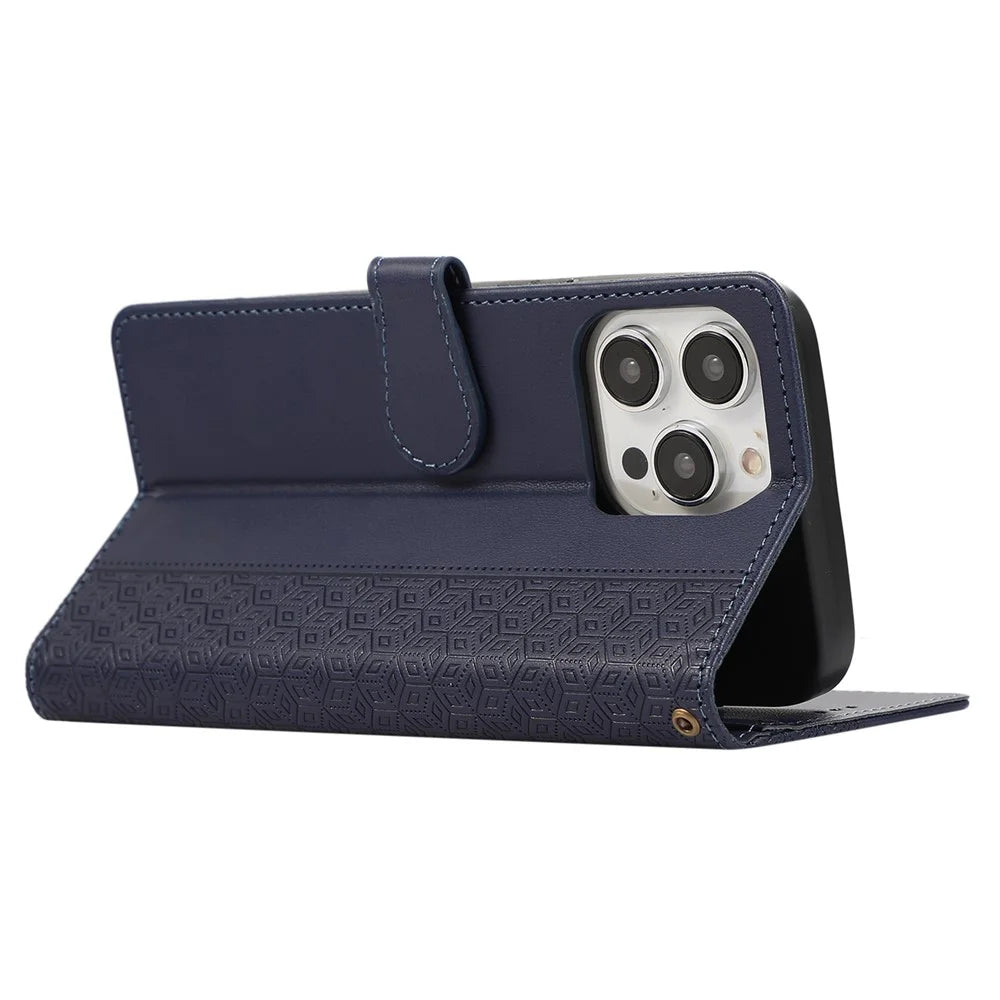 R20 for iPhone 12 Pro Max Case Anti-Scratch Splicing Imprinted Rhombus Leather Phone Cover - Blue - 4