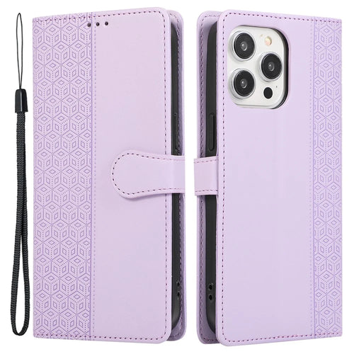 R20 for iPhone 12 / 12 Pro Case Folio PU Leather Splicing Rhombus Wallet Phone Cover - Purple - 1