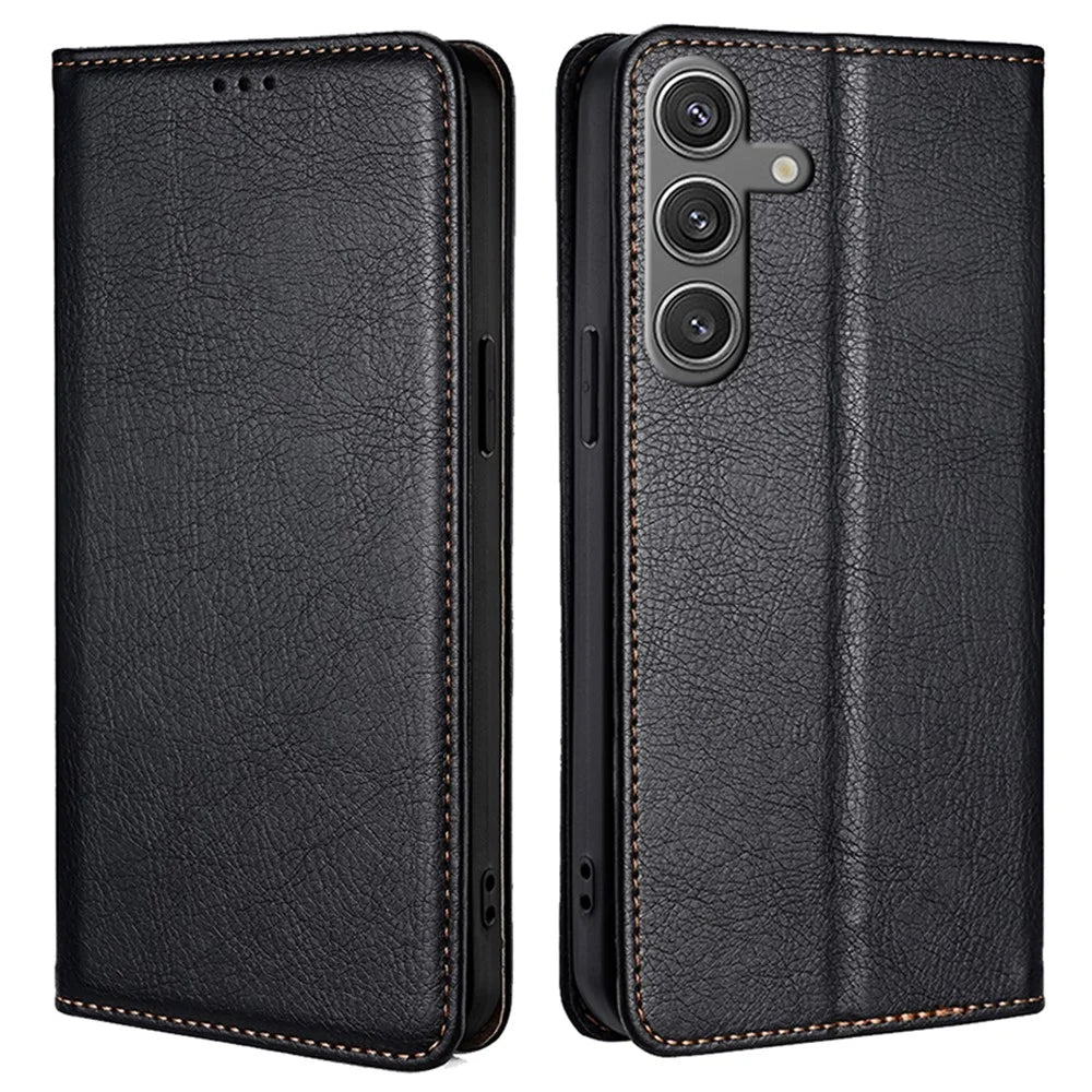 For Samsung Galaxy S24 Case Magnetic Absorption PU Leather Stand Folio Phone Cover - Black - 1