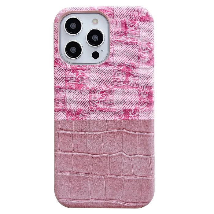 For iPhone 14 Pro PU Leather+PC Case Denim Crocodile Texture Splicing Retro Phone Cover - Pink - 1