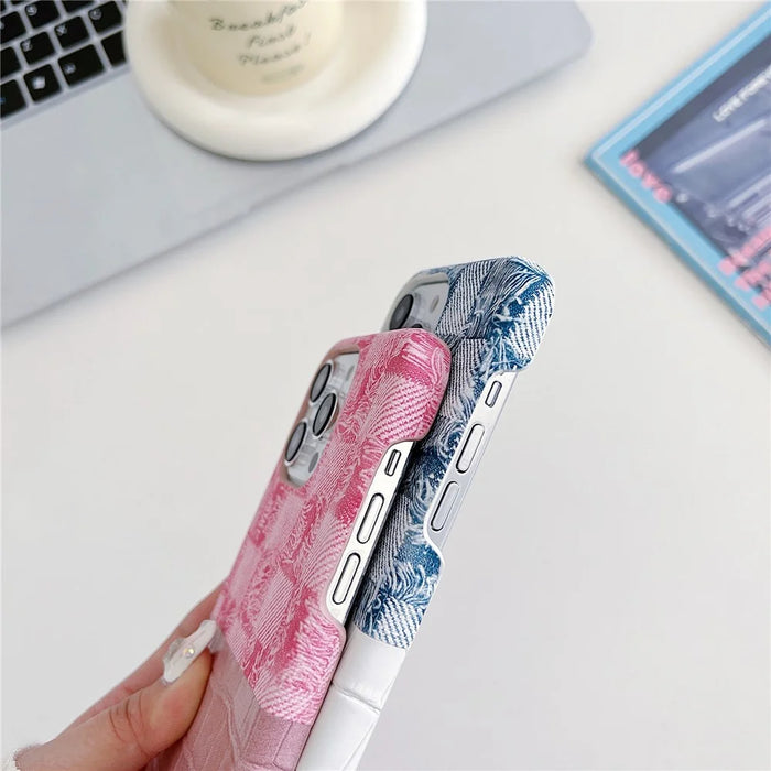 For iPhone 14 Pro PU Leather+PC Case Denim Crocodile Texture Splicing Retro Phone Cover - Pink - 2