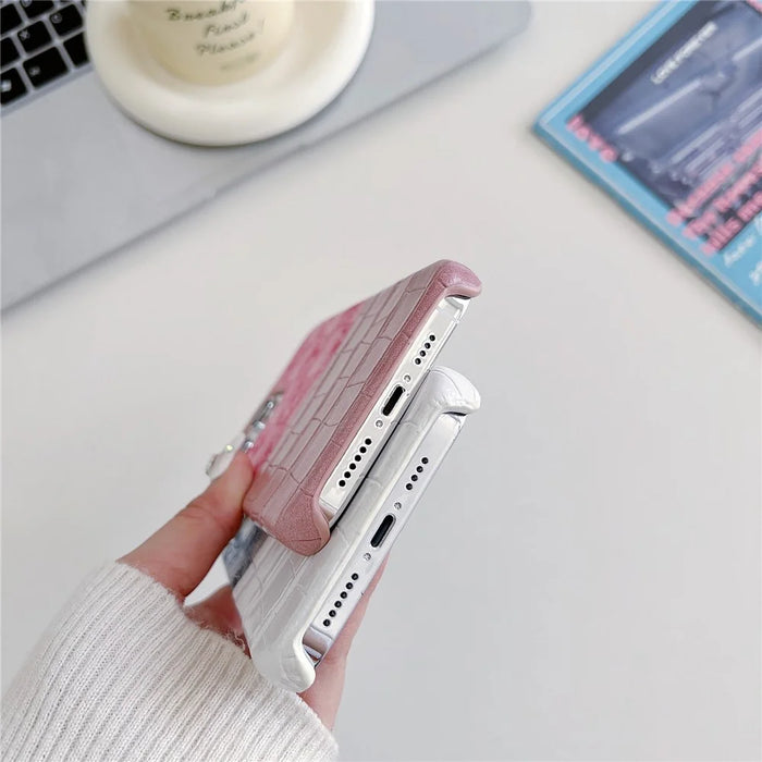 For iPhone 13 Pro 6.1 inch Case Denim Crocodile Texture Splicing Retro PU Leather+PC Phone Cover - Pink - 3