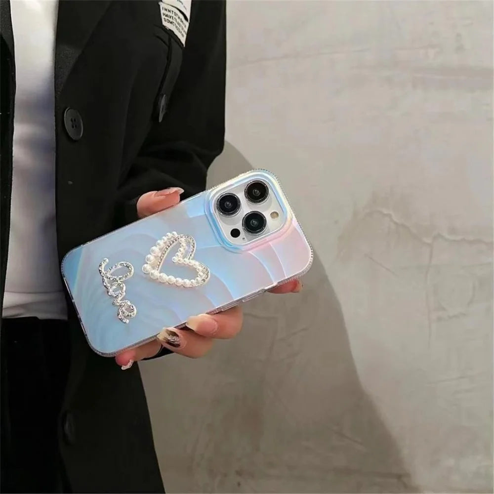 For iPhone 13 Pro Slim-Fit Acrylic+TPU Phone Cover IMD Case with Rhinestone Decor - Hollow Heart - 3