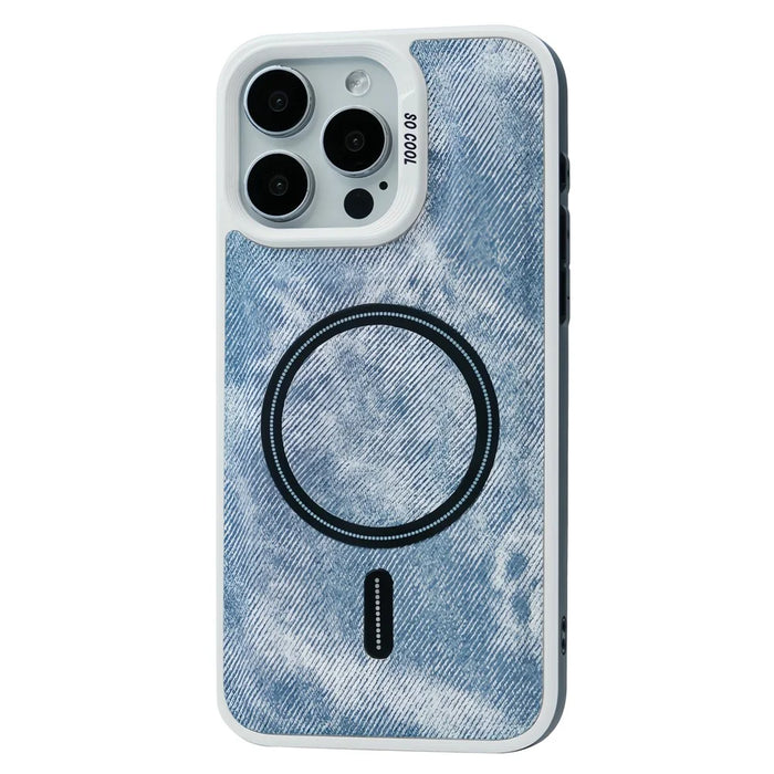 For iPhone 15 Pro Magnetic Case Leather Coated PC+TPU Phone Cover Denim Cloth Texture - Blue - 1