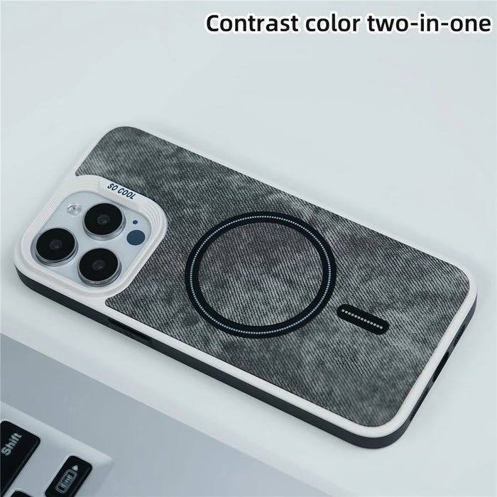 For iPhone 15 Pro Magnetic Case Leather Coated PC+TPU Phone Cover Denim Cloth Texture - Blue - 5