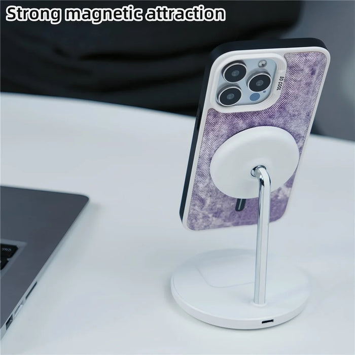 For iPhone 15 Pro Magnetic Case Leather Coated PC+TPU Phone Cover Denim Cloth Texture - Blue - 7