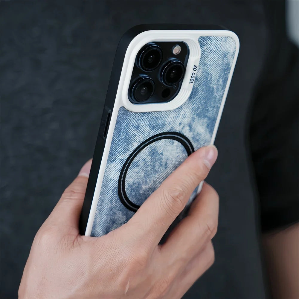 For iPhone 14 Pro Max Magnetic Phone Case Denim Cloth Texture Leather Coated PC+TPU Cover - Blue - 2
