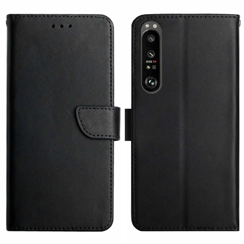 HT02 For Sony Xperia 1 VI Phone Case Nappa Texture Genuine Cow Leather Flip Cover - Black - 1