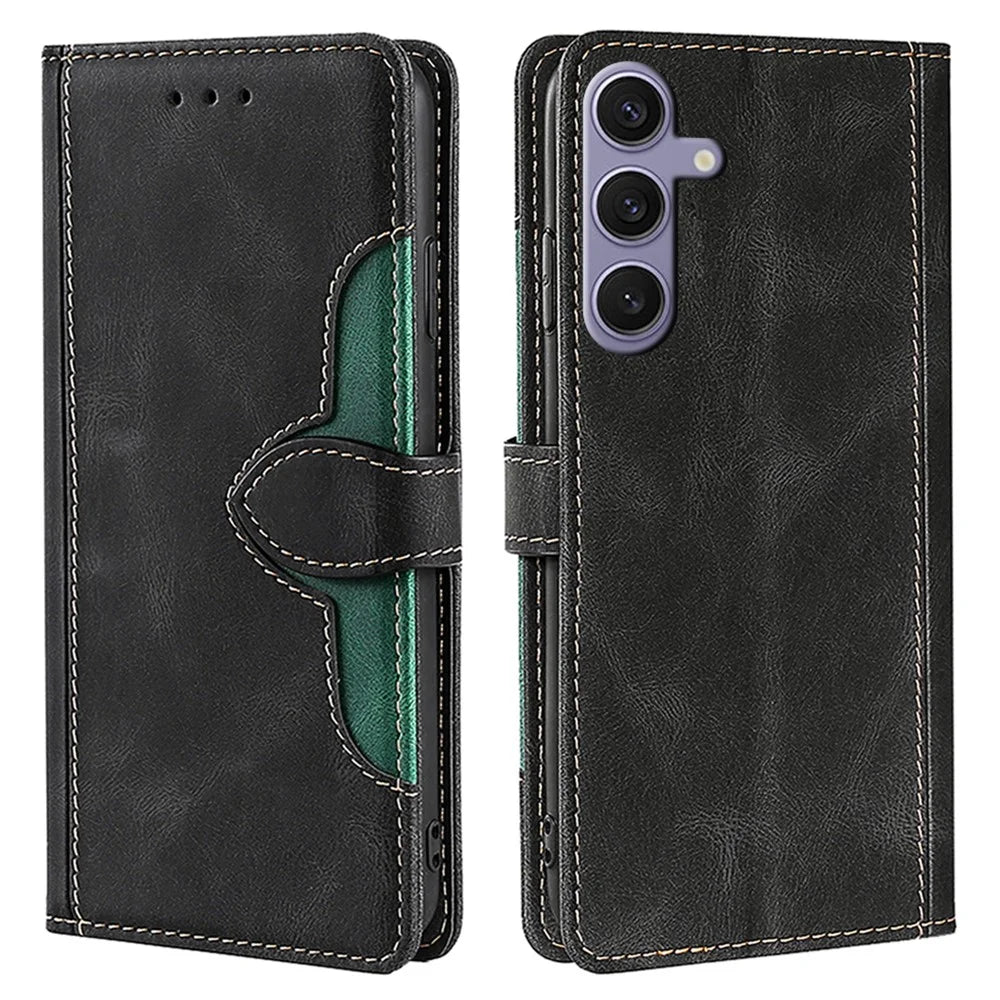 For Samsung Galaxy S24+ Leather Case Straw Hat Pattern Wallet Stand Phone Cover - Black - 1