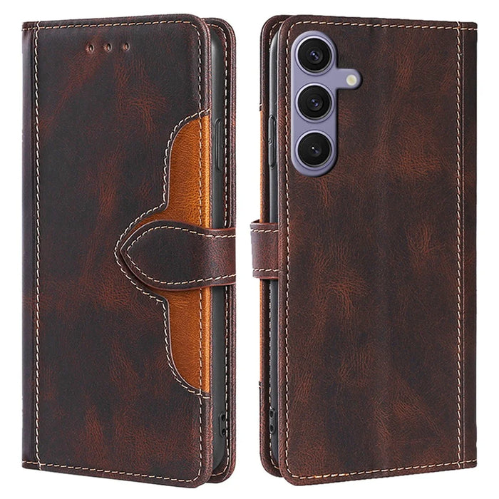 For Samsung Galaxy S24 Leather Case Straw Hat Pattern Wallet Stand Phone Cover - Brown - 1