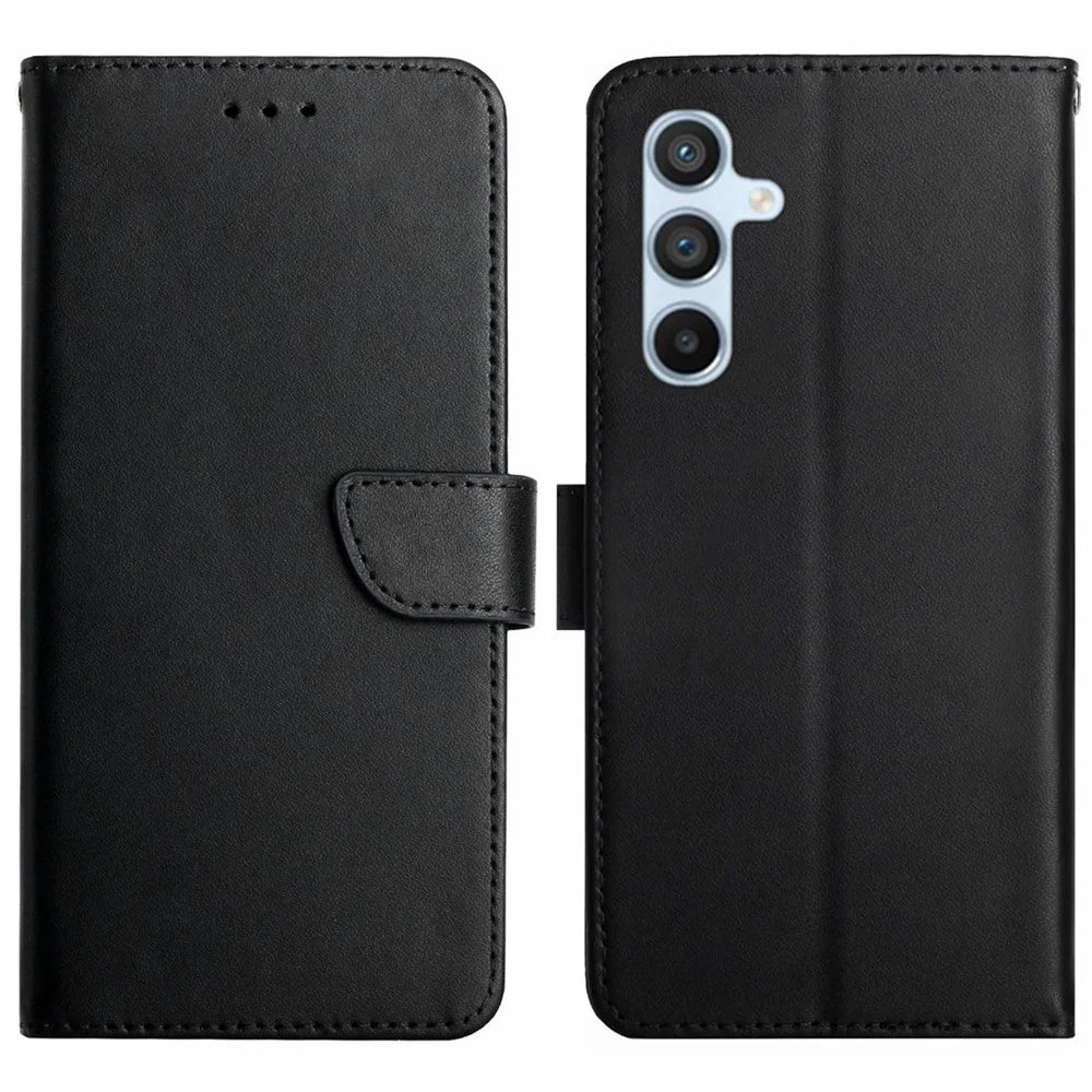 HT02 For Samsung Galaxy M55 5G / C55 5G / F55 5G Nappa Texture Phone Case Genuine Cow Leather Flip Stand Cover - Black - 1