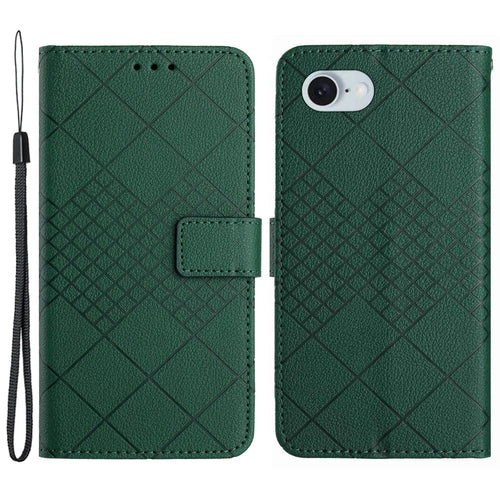 HT06 For iPhone 17e / 16e Drop-Proof Phone Case Rhombus Pattern PU Leather Wallet Cover - Green - 1