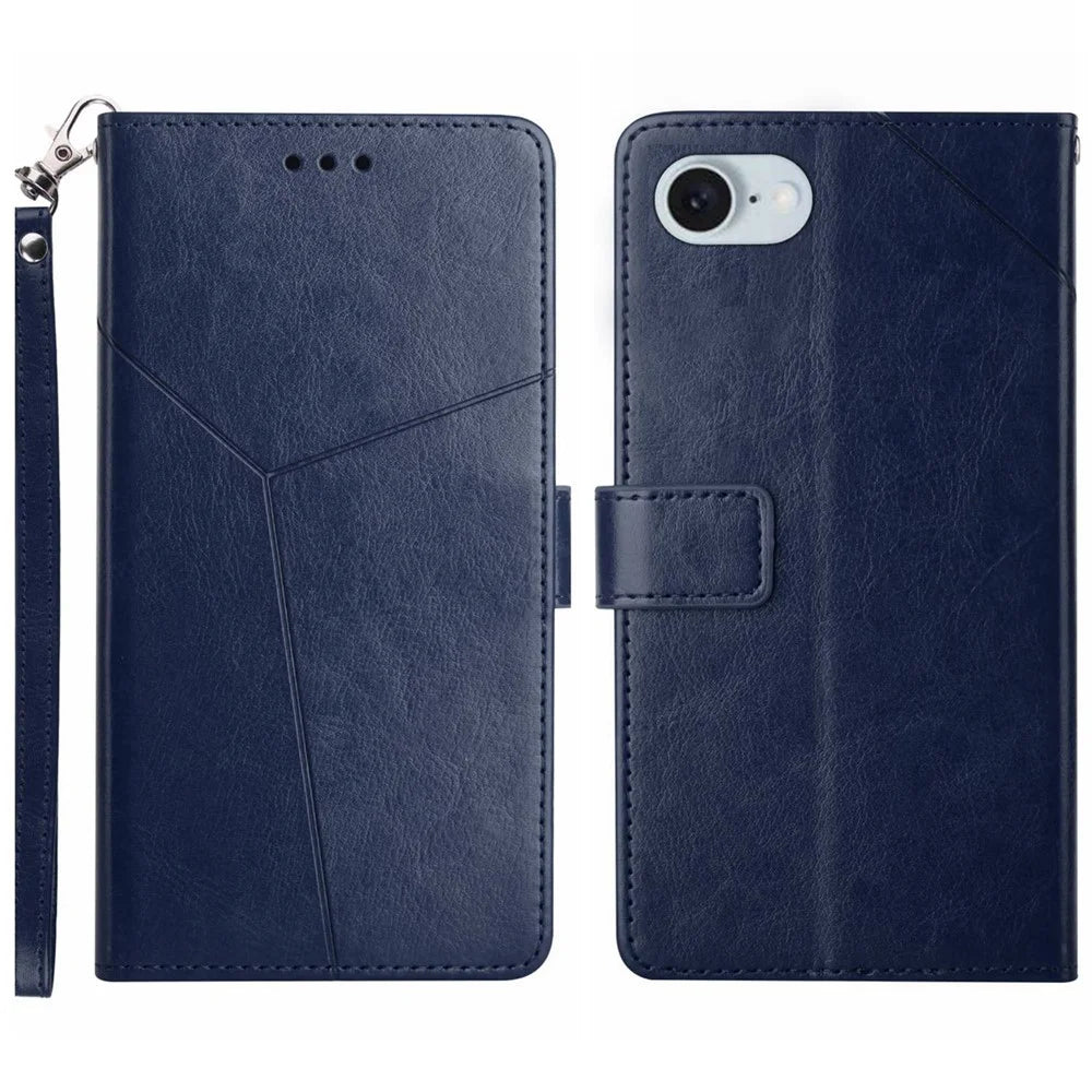 For iPhone 17e / 16e Case with Wrist Strap Y Shaped Lines Imprint Leather Phone Cover - Blue - 1