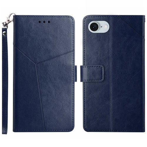 For iPhone 17e / 16e Case with Wrist Strap Y Shaped Lines Imprint Leather Phone Cover - Blue - 1