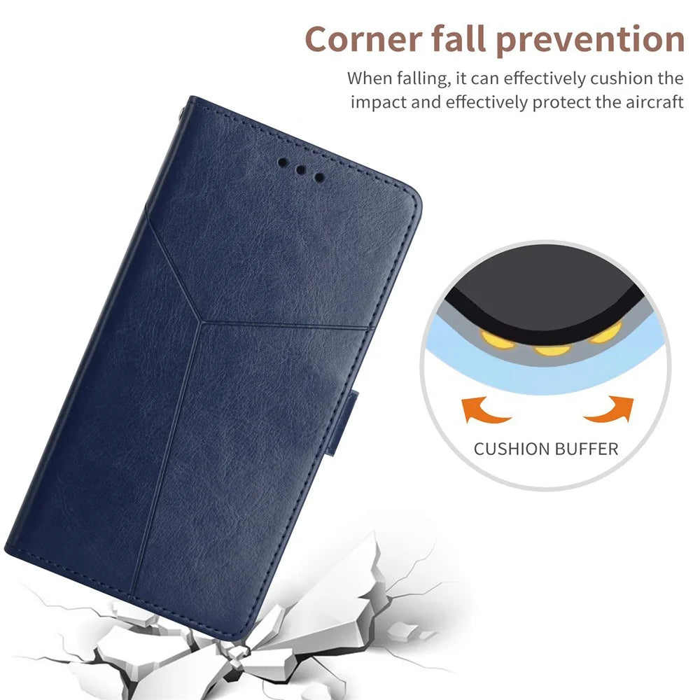 For iPhone 17e / 16e Case with Wrist Strap Y Shaped Lines Imprint Leather Phone Cover - Blue - 4