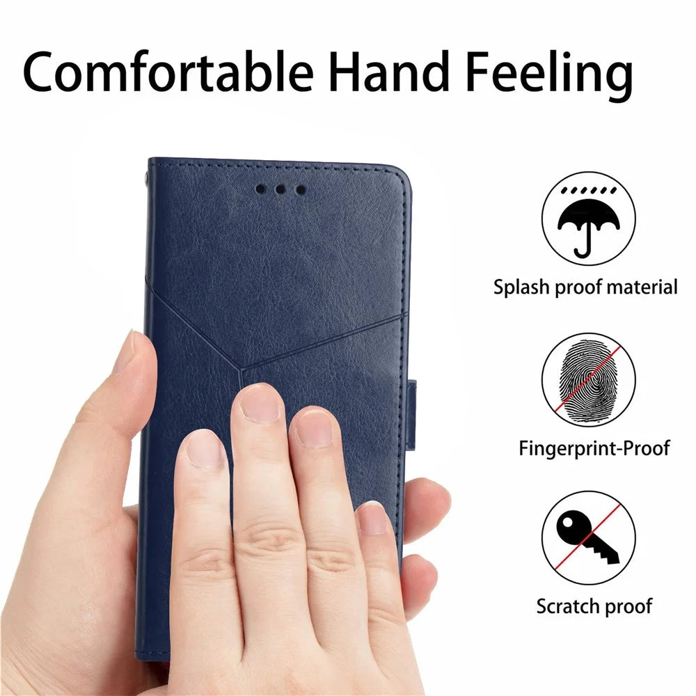 For iPhone 17e / 16e Case with Wrist Strap Y Shaped Lines Imprint Leather Phone Cover - Blue - 5