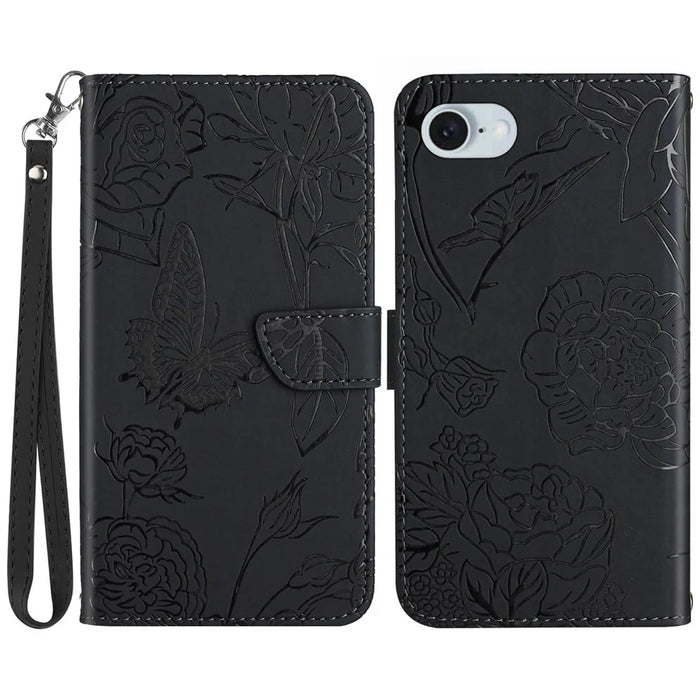 HT03 For iPhone 17e / 16e Leather Case Imprinted Phone Cover with Strap - Black - 1