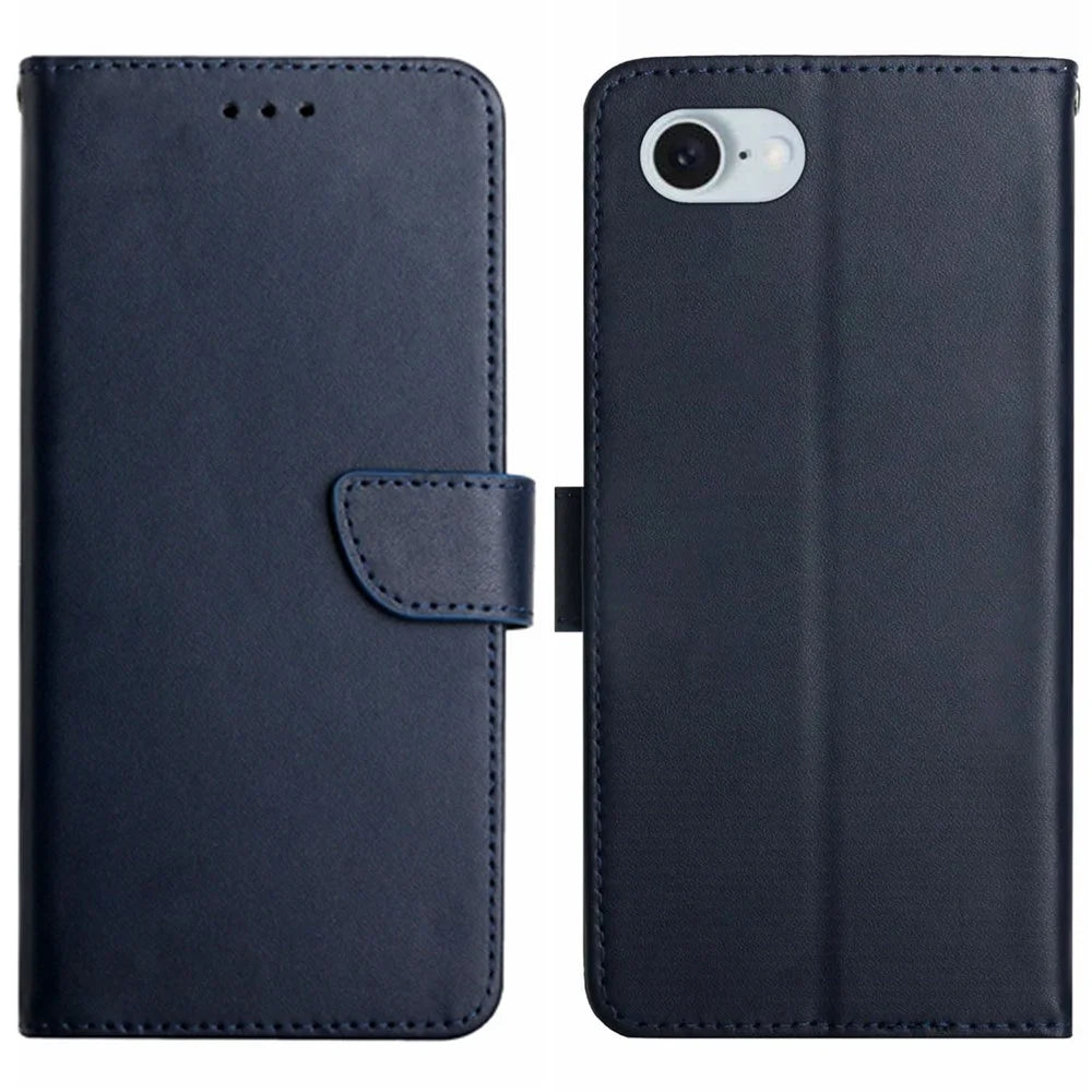 HT02 For iPhone 17e / 16e Cell Phone Cases Nappa Texture Genuine Cow Leather Stand Cover - Blue - 1