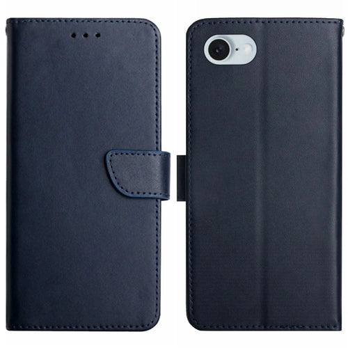 HT02 For iPhone 17e / 16e Cell Phone Cases Nappa Texture Genuine Cow Leather Stand Cover - Blue - 1