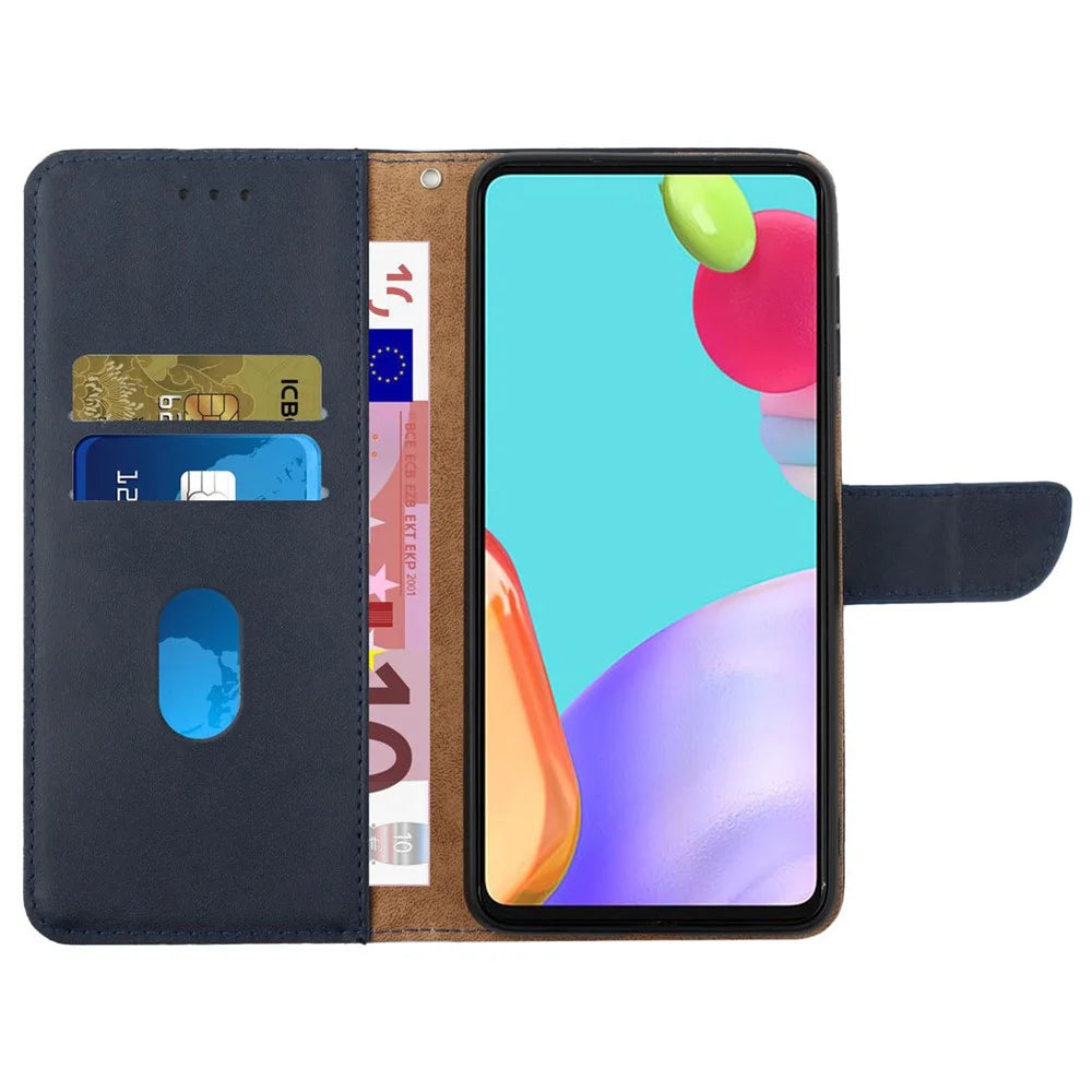 HT02 For iPhone 17e / 16e Cell Phone Cases Nappa Texture Genuine Cow Leather Stand Cover - Blue - 2