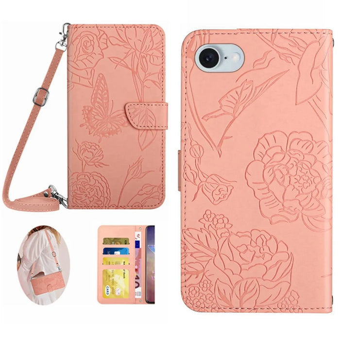 HT03 For iPhone 17e / 16e Leather Case with Shoulder Strap Butterfly Wallet Phone Cover - Pink - 1