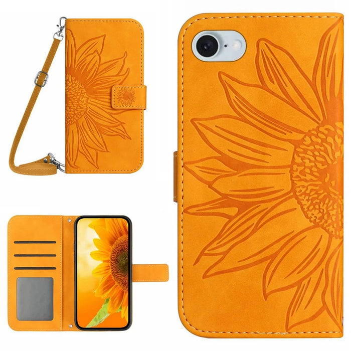 HT04 For iPhone 17e / 16e Case Sunflower PU Leather+TPU Phone Cover with Shoulder Strap - Yellow - 1