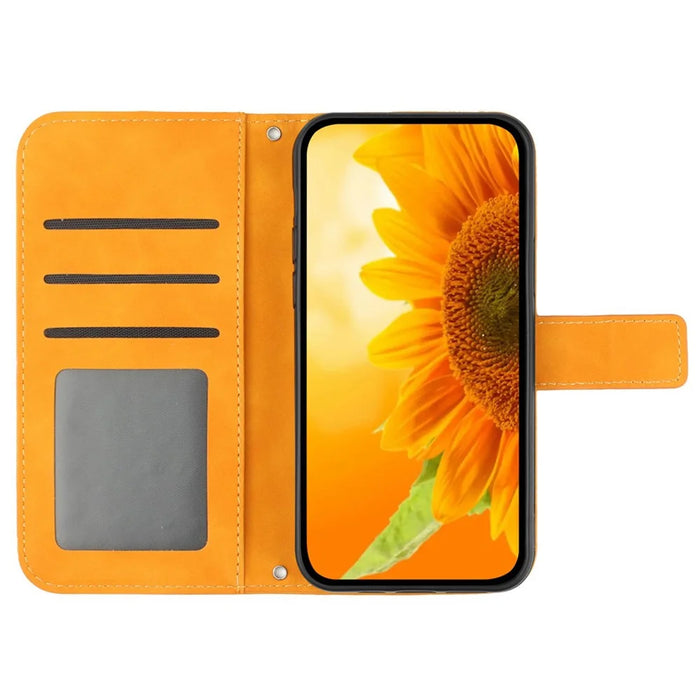 HT04 For iPhone 17e / 16e Case Sunflower PU Leather+TPU Phone Cover with Shoulder Strap - Yellow - 2