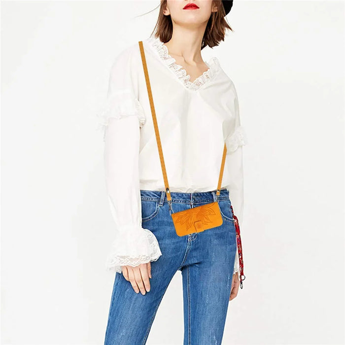 HT04 For iPhone 17e / 16e Case Sunflower PU Leather+TPU Phone Cover with Shoulder Strap - Yellow - 4