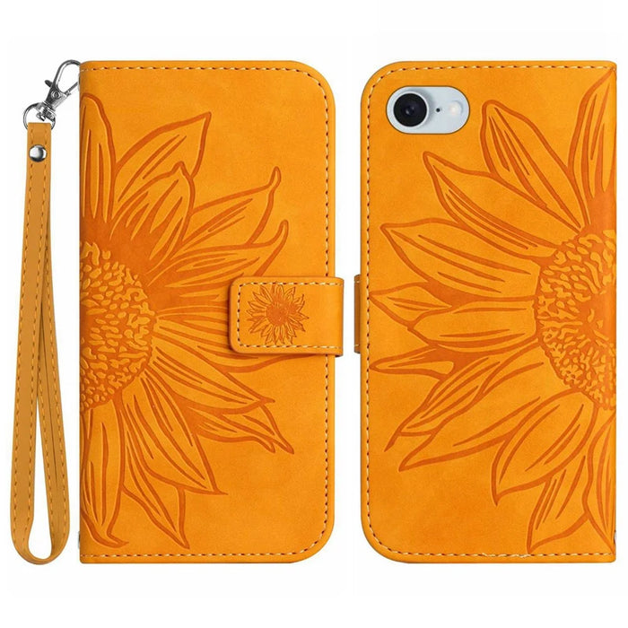 HT04 For iPhone 17e / 16e Case with Wrist Strap Sunflower Pattern Phone Wallet Cover - Yellow - 1
