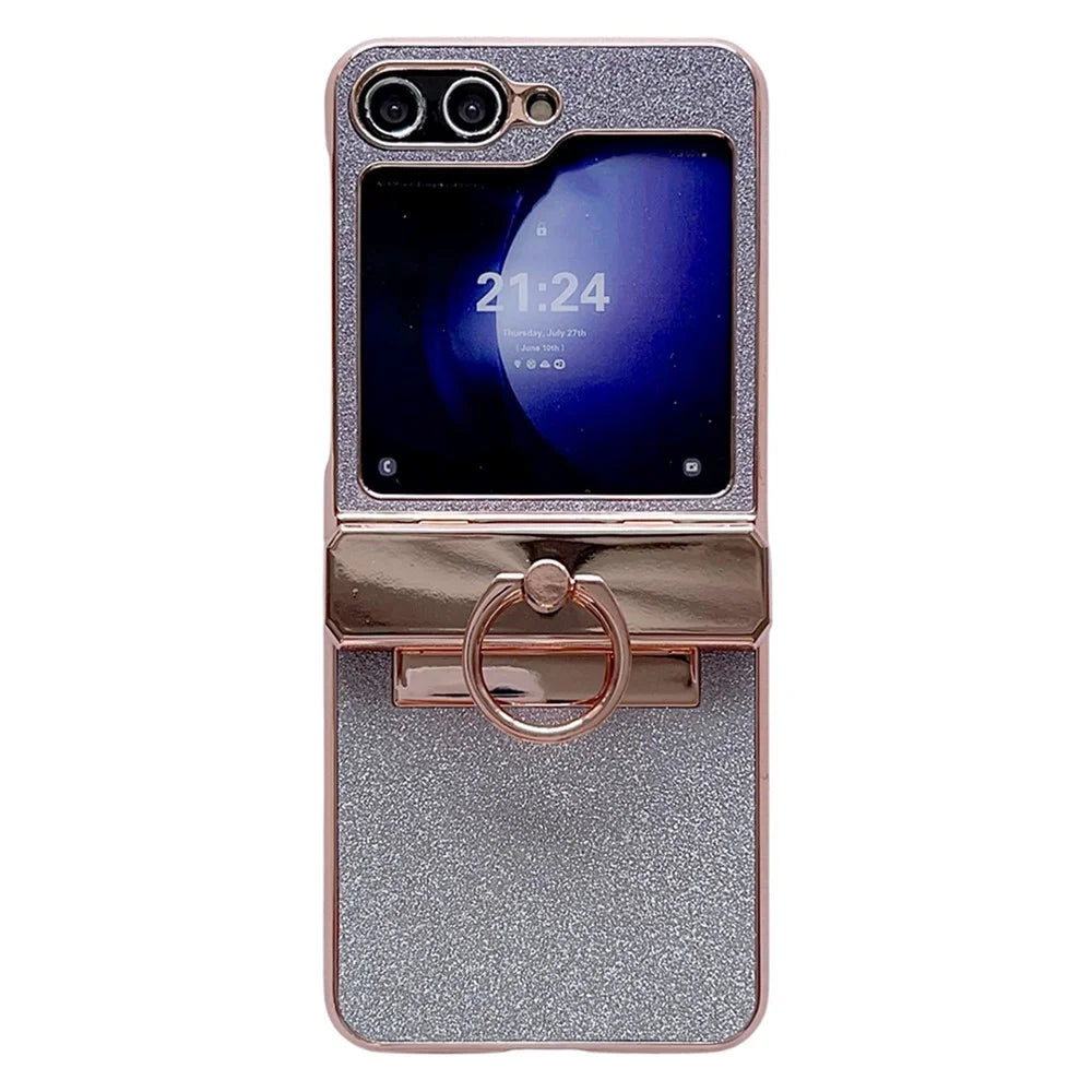 For Samsung Galaxy Z Flip5 5G Glitter Design Hard PC Phone Cover with Ring Kickstand - Purple - 1