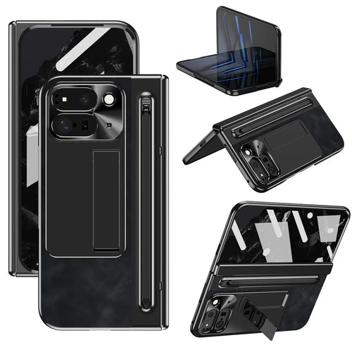 For Google Pixel 9 Pro Fold 5G Case Kickstand Leather+PC Phone Cover with Tempered Glass Film and Stylus - Black - 1
