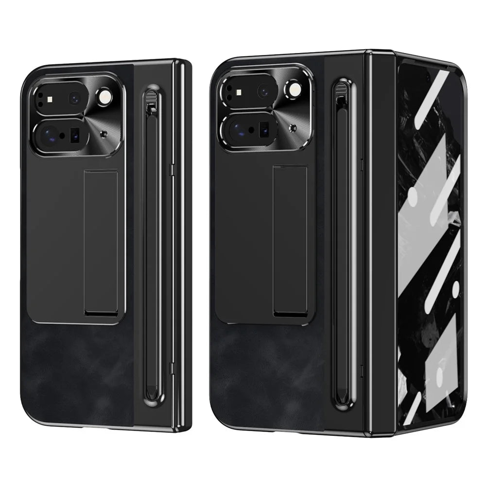 For Google Pixel 9 Pro Fold 5G Case Kickstand Leather+PC Phone Cover with Tempered Glass Film and Stylus - Black - 2