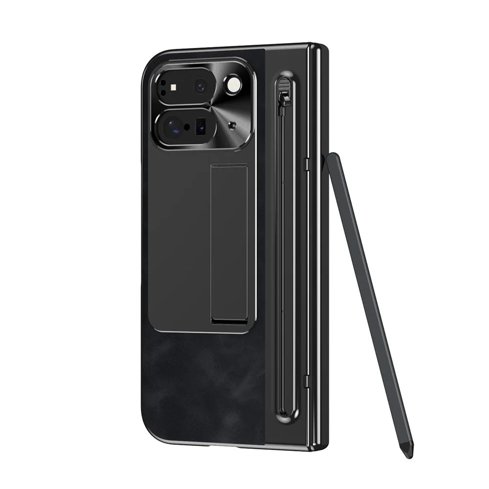 For Google Pixel 9 Pro Fold 5G Case Kickstand Leather+PC Phone Cover with Tempered Glass Film and Stylus - Black - 3