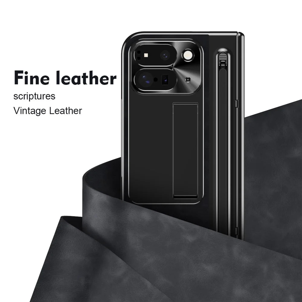 For Google Pixel 9 Pro Fold 5G Case Kickstand Leather+PC Phone Cover with Tempered Glass Film and Stylus - Black - 4