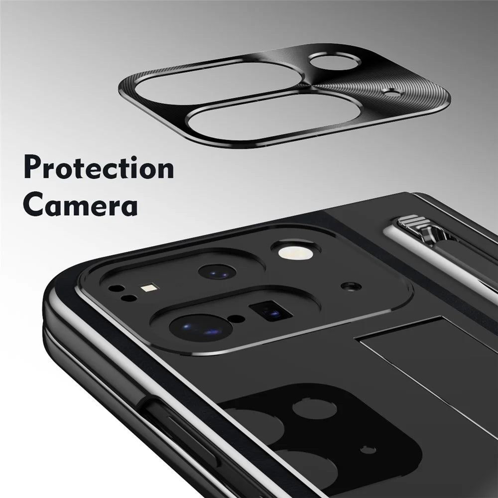 For Google Pixel 9 Pro Fold 5G Case Kickstand Leather+PC Phone Cover with Tempered Glass Film and Stylus - Black - 5