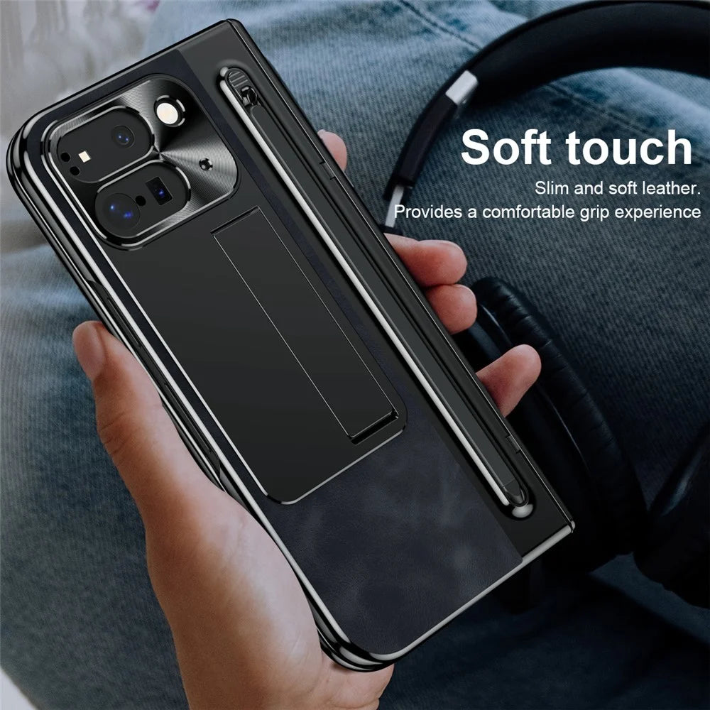 For Google Pixel 9 Pro Fold 5G Case Kickstand Leather+PC Phone Cover with Tempered Glass Film and Stylus - Black - 6
