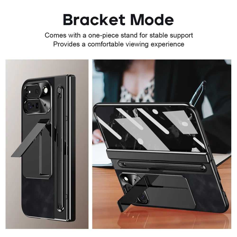For Google Pixel 9 Pro Fold 5G Case Kickstand Leather+PC Phone Cover with Tempered Glass Film and Stylus - Black - 7