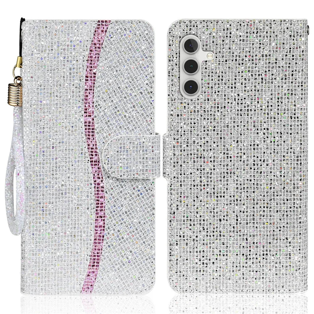 For Samsung Galaxy S25+ / S24+ Case PU Leather Wallet Card Slots Glitter Phone Cover - Silver - 1