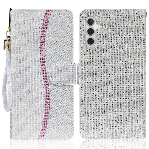 For Samsung Galaxy S25+ / S24+ Case PU Leather Wallet Card Slots Glitter Phone Cover - Silver - 1