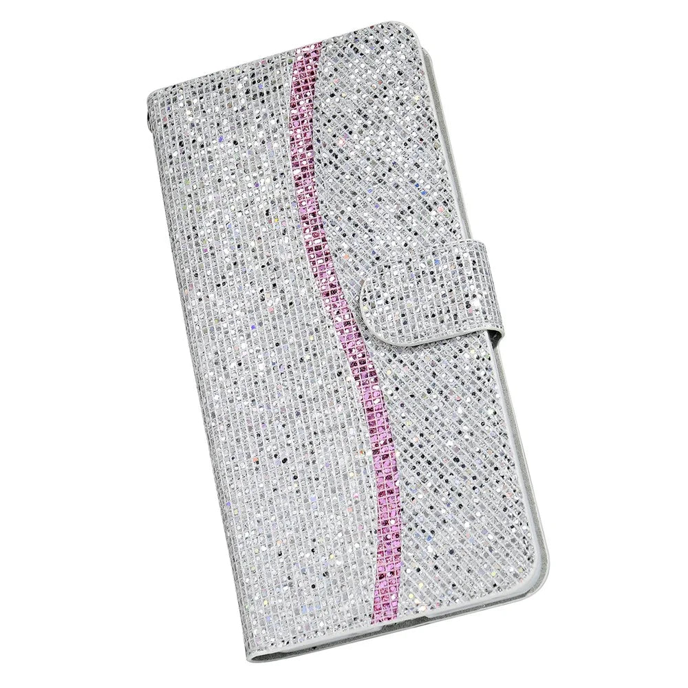 For Samsung Galaxy S25+ / S24+ Case PU Leather Wallet Card Slots Glitter Phone Cover - Silver - 7