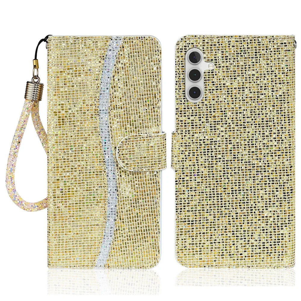 For Samsung Galaxy A55 5G Case Glitter Leather Phone Wallet Cover with Strap - Gold - 1