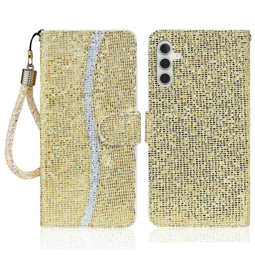 For Samsung Galaxy A55 5G Case Glitter Leather Phone Wallet Cover with Strap - Gold - 1