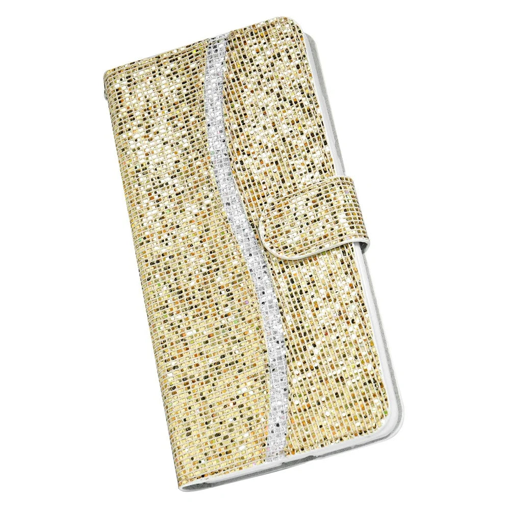 For Samsung Galaxy A55 5G Case Glitter Leather Phone Wallet Cover with Strap - Gold - 7