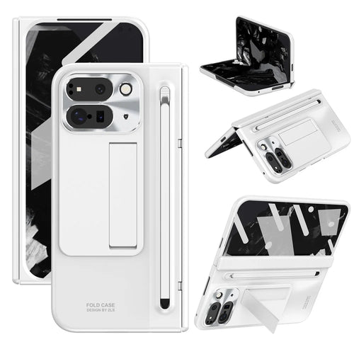 For Google Pixel 9 Pro Fold 5G Case Kickstand Hinge PC Phone Cover with Tempered Glass Film, Stylus - White - 1