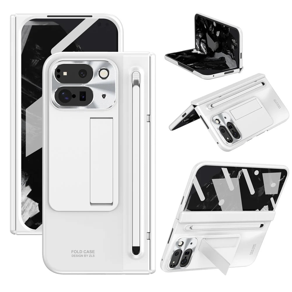For Google Pixel 9 Pro Fold 5G Case Kickstand Hinge PC Phone Cover with Tempered Glass Film, Stylus - White - 1