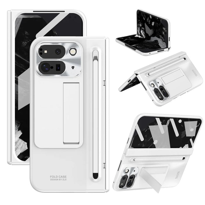 For Google Pixel 9 Pro Fold 5G Case Kickstand Hinge PC Phone Cover with Tempered Glass Film, Stylus - White - 1