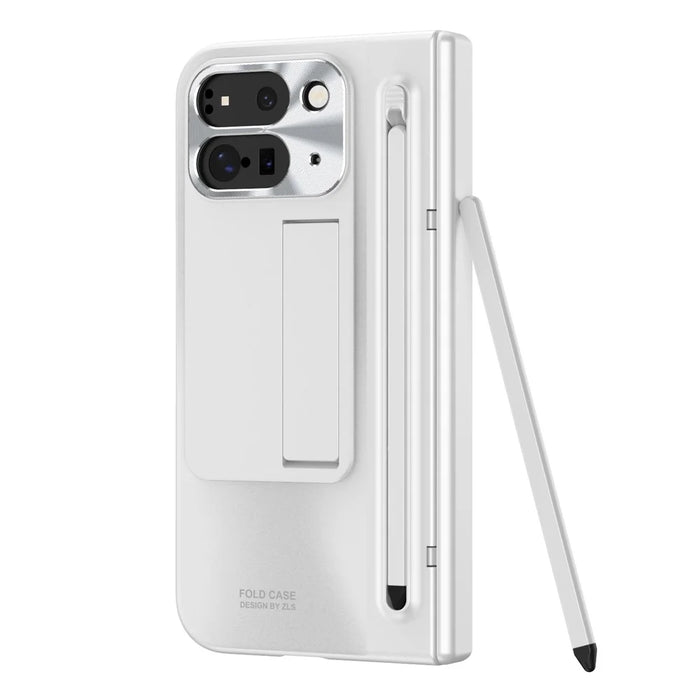 For Google Pixel 9 Pro Fold 5G Case Kickstand Hinge PC Phone Cover with Tempered Glass Film, Stylus - White - 2