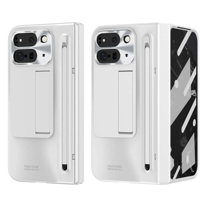 For Google Pixel 9 Pro Fold 5G Case Kickstand Hinge PC Phone Cover with Tempered Glass Film, Stylus - White - 3