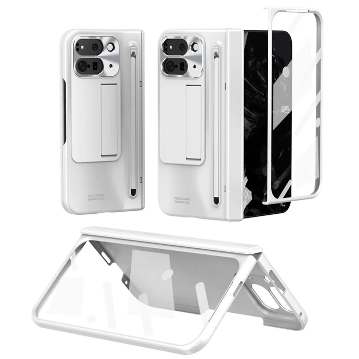For Google Pixel 9 Pro Fold 5G Case Kickstand Hinge PC Phone Cover with Tempered Glass Film, Stylus - White - 4